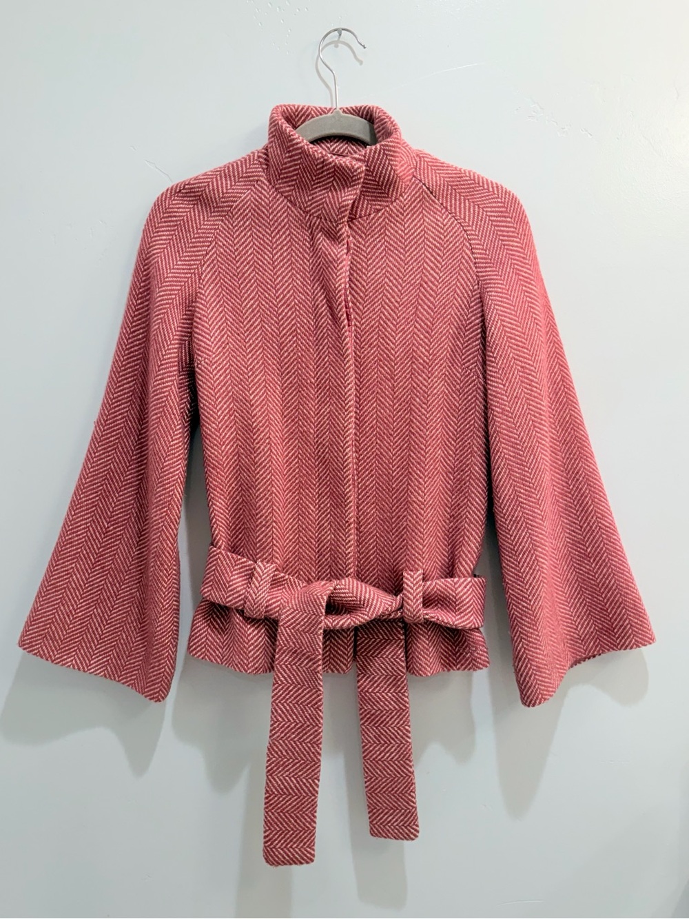 Y2K Ben Sherman Pink Herringbone Wool Blend Belted Bell Sleeve Jacket Women XS